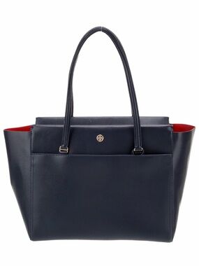 Tory Burch Navy Leather Tote with Red Lining and Gold Logo